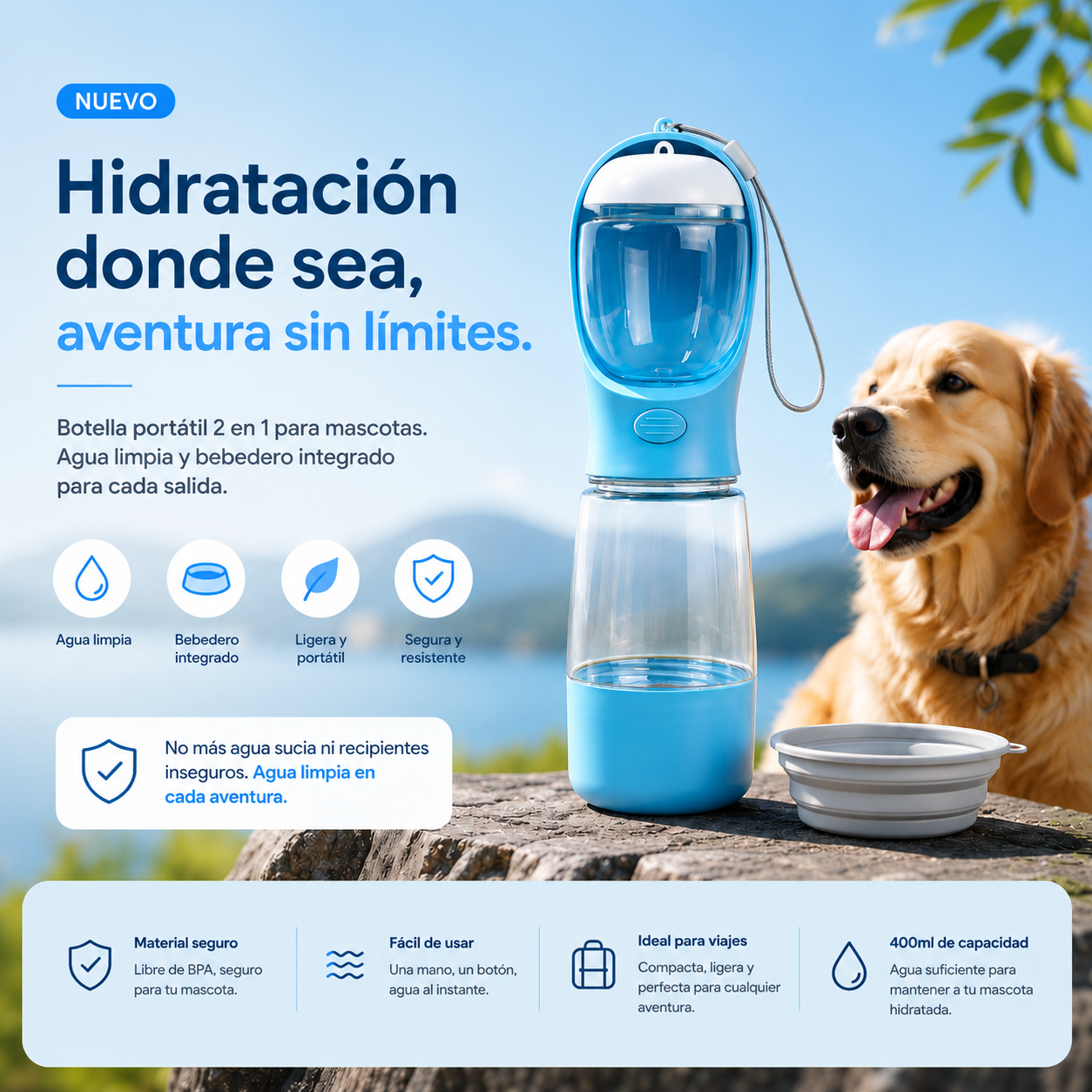 Botella multifuncional 3 en 1 para mascotas.