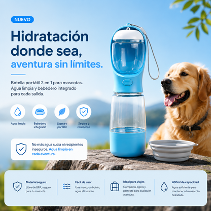 Botella multifuncional 3 en 1 para mascotas.