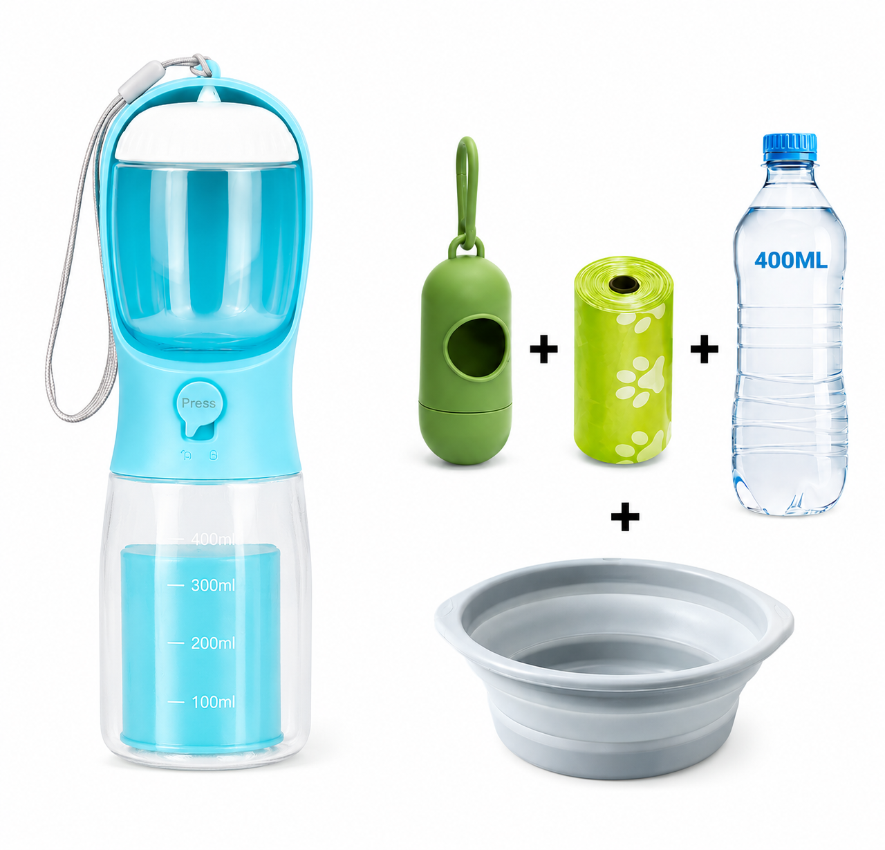 Botella multifuncional 3 en 1 para mascotas.