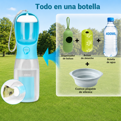 Botella multifuncional 3 en 1 para mascotas.